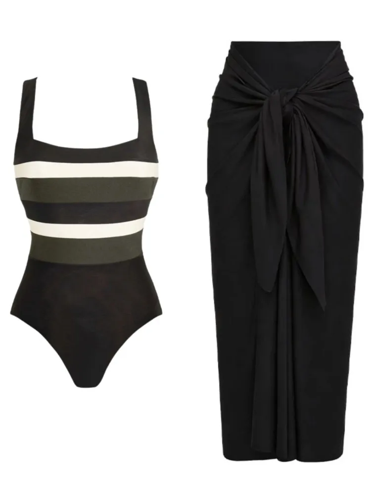 Retro Bikini Printed Fashion Two Piece Swimsuit And Cover Up With Skirt Tight Women's Bandage Summer Beach Luxury Elegant