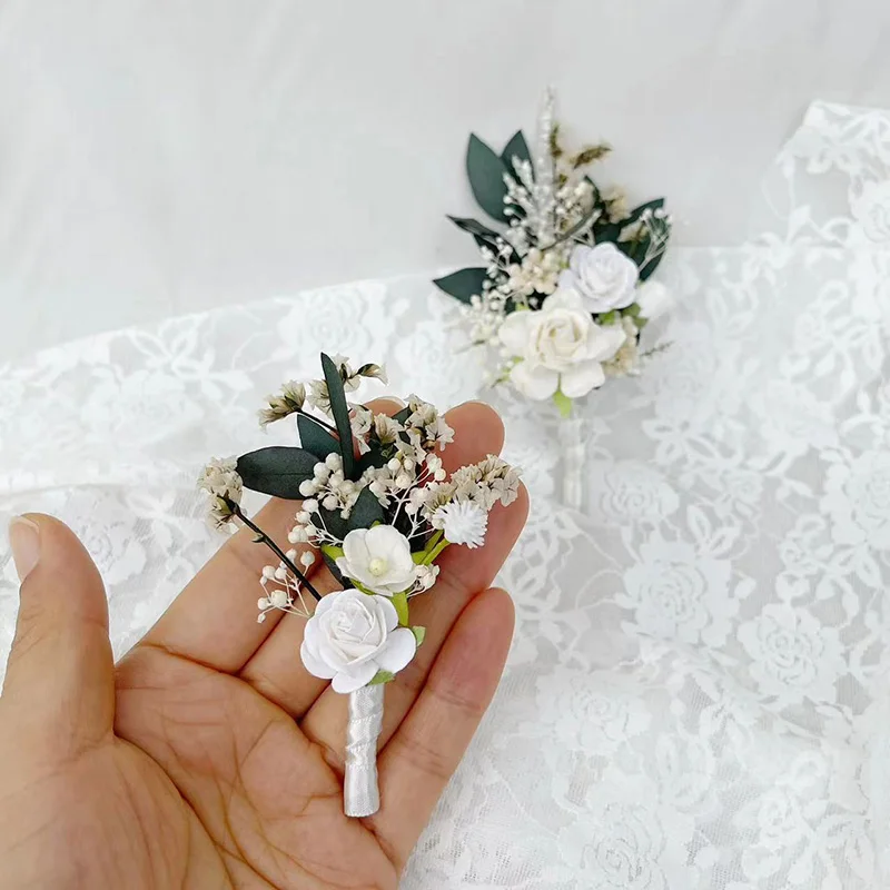 Dried Baby's Breath Greenery Bridal flower wedding boutonniere with White roses