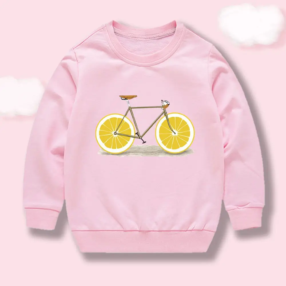 Girl Long Sleeve Crew Neck Sweatshirt Cute Lemon Bicycle Print Pullover Tops Casual Soft Children Sweatshirts For Spring Autumn