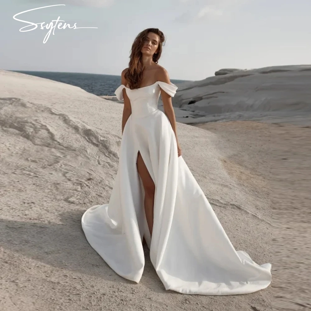 Seksowne suknie ślubne Satin Off the Shoulder Vestidos De Novia Long Train High Side Slit White Dress Women Elegant Party Gowns