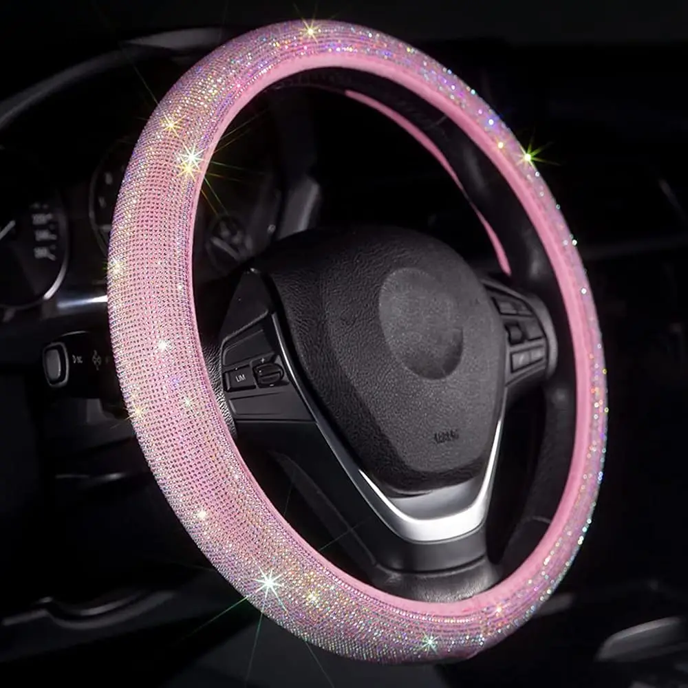 

Pink Crystal Rhinestone Steering Wheel Cover for Women, 15 Inch Universal Anti-Slip Design