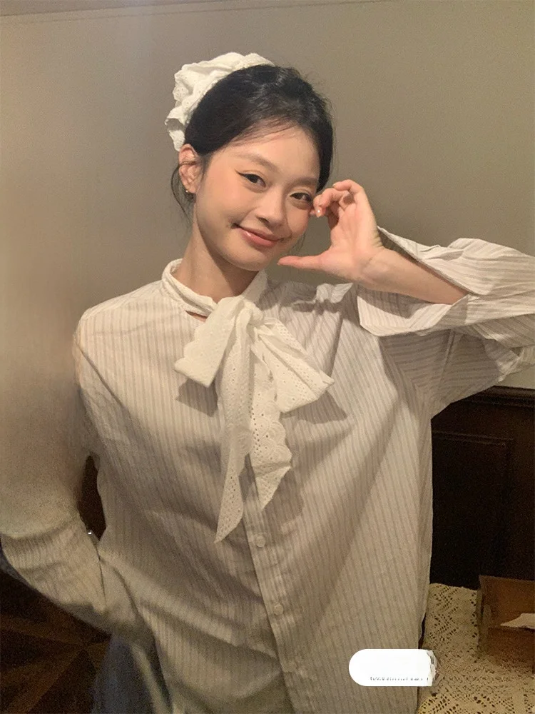 

Loose Long Sve Striped irt Women's Base Layer irt with Knot Spring Faionable Lace Trim Slong irt