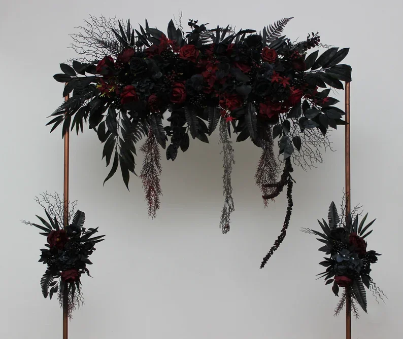 

Uflower Luxury Balck Leaf Burgundy Rose Halloweeen Wedding Backdrop Decor Black Flower Row Hanging Flower Arrangement Event Prop
