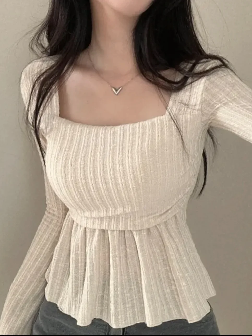 Women's South Korea Chic Spring Temperament Square Collar Flare Sleeve Sweater Waist Slimming Flounce Long Sleeves Base T-Shirt