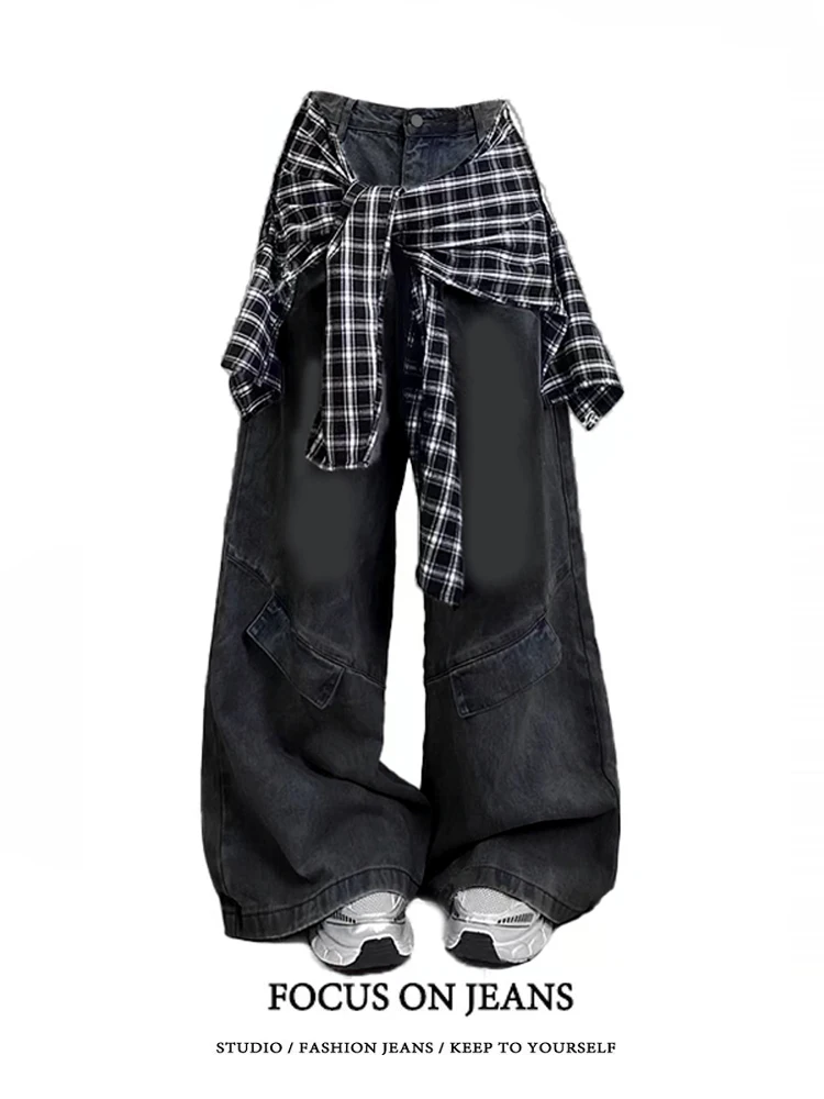 

Ретро-джинсы в американском стиле с клетчатыми вставками для женщин, свободные повседневные брюки с широкими штанинами, осенне-зимняя новинка, имитация двухслойной рабочей одежды