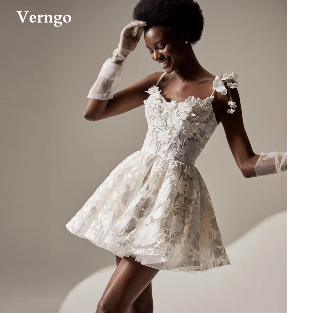 Verngo Modern Fashion Short Wedding Dresses Spaghetti Straps 3D Flowers Mini Sexy Bride Party Gowns Country Mariage Dress