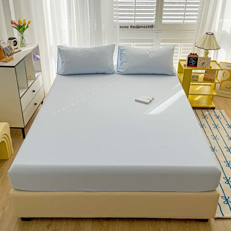 

Washed Cotton Solid Color Fitted Sheet with Elastic Bands Non Slip Adjustable Mattress Cover Printed for Double King Queen