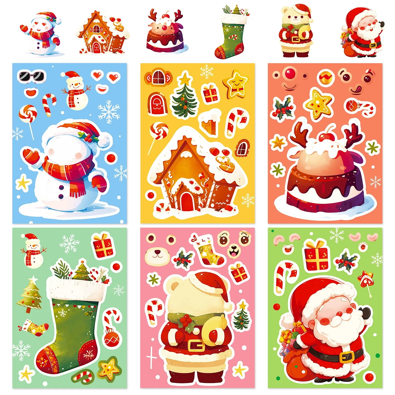6Pcs Christmas Face Changing Puzzle Stickers, Reusable Snowman Gingerbread House Stickers for Parent-Child Play