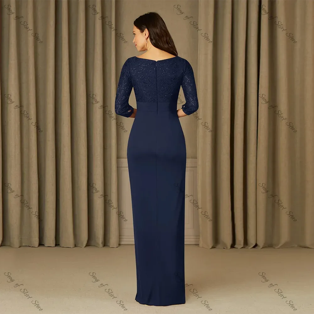 Customized Navy Blue Mermaid Mother Of The Bride Dress Lace Appliques Ruffles Three Quarter Side Split Long Wedding Party Gowns