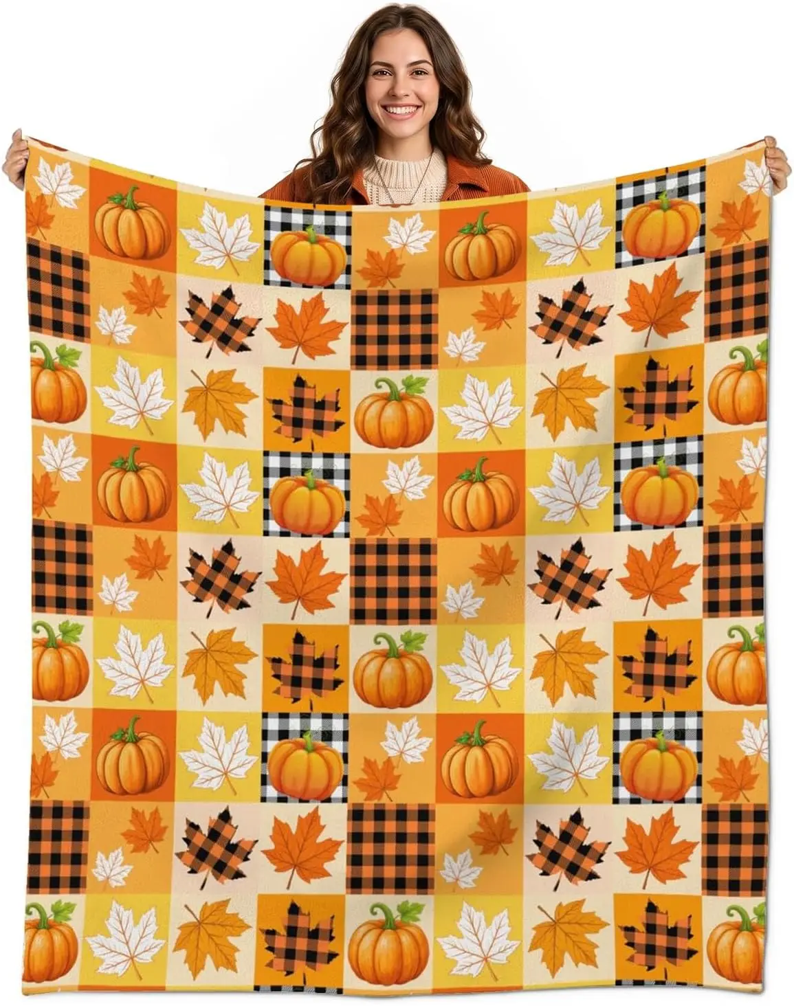 Fall Flannel Throw Blanket, Pumpkin Maple Leaf Thanksgiving Soft Cozy Blanket for Sofa Couch Bed Bedroom Autumn Harvest Home Decor Gift