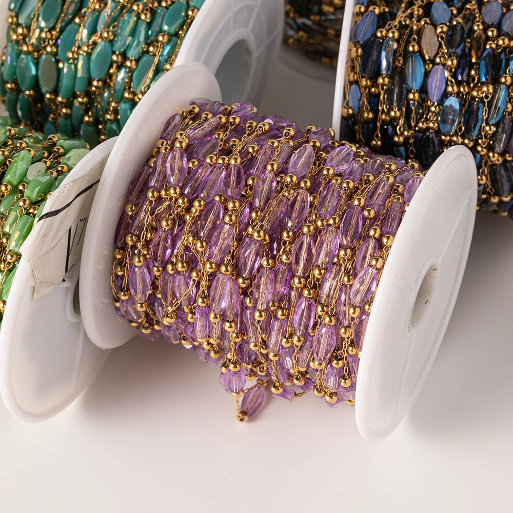 1Meter Gold Stainless Steel Shiny Blue Stone Beaded Chains For DIY Necklace Bracelet Jewelry Making Accessorie Materials No Fade image 5