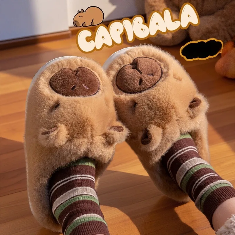 Capybara-Plüsch-Hausschuhe, Größe 36–41, halber Wickelabsatz, weich, rutschfest, warm, atmungsaktiv, Plüschschuhe für den Innenbereich, Paar-Hausschuhe