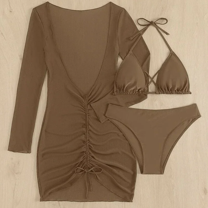 Sexy Badeanzug für Damen, 3-teilig, Push-Up, Neckholder, Dreieck, Tanga, Bikini, Netzstoff, langärmelig, Kordelzug, Vertuschung, Strand-Badeanzug