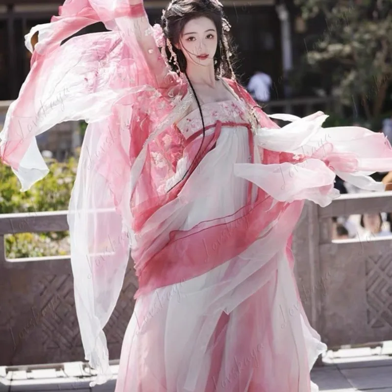 Women's Tang-Style Hanfu Qixiong Ruqun Spring Summer Floral Embroidery Wide Sleeves Traditional Costume with Butterfly Design