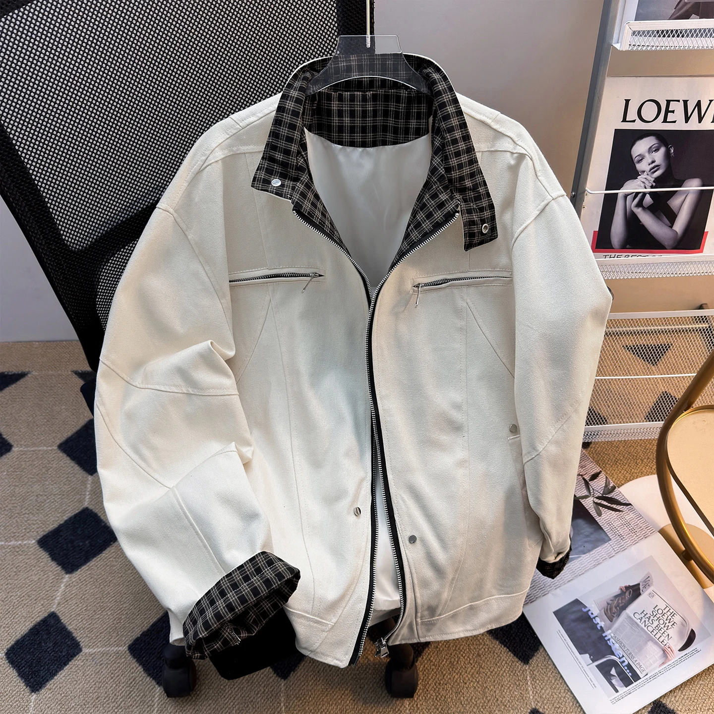 

American Sle Workwear Jaet Men's Spring Autumn Plaid Splicing Design Heavy Waed Casual Collar Leisure Coat