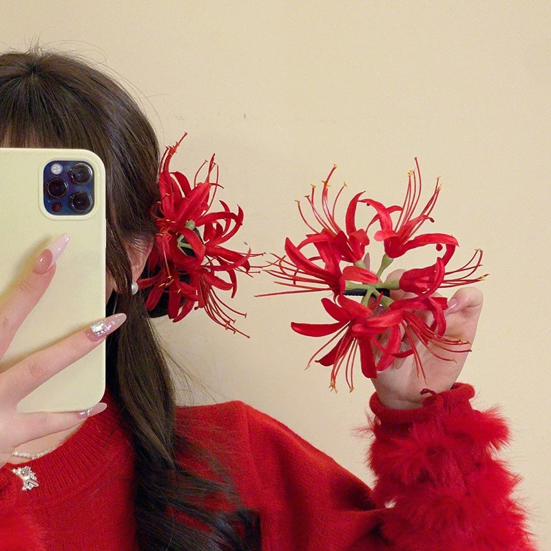 Red Shore Flower Hair Clip New Tassel Design Chinese Ancient Style Elegant Duckbill Clip Women's Side Bangs Clip Hair Accessory