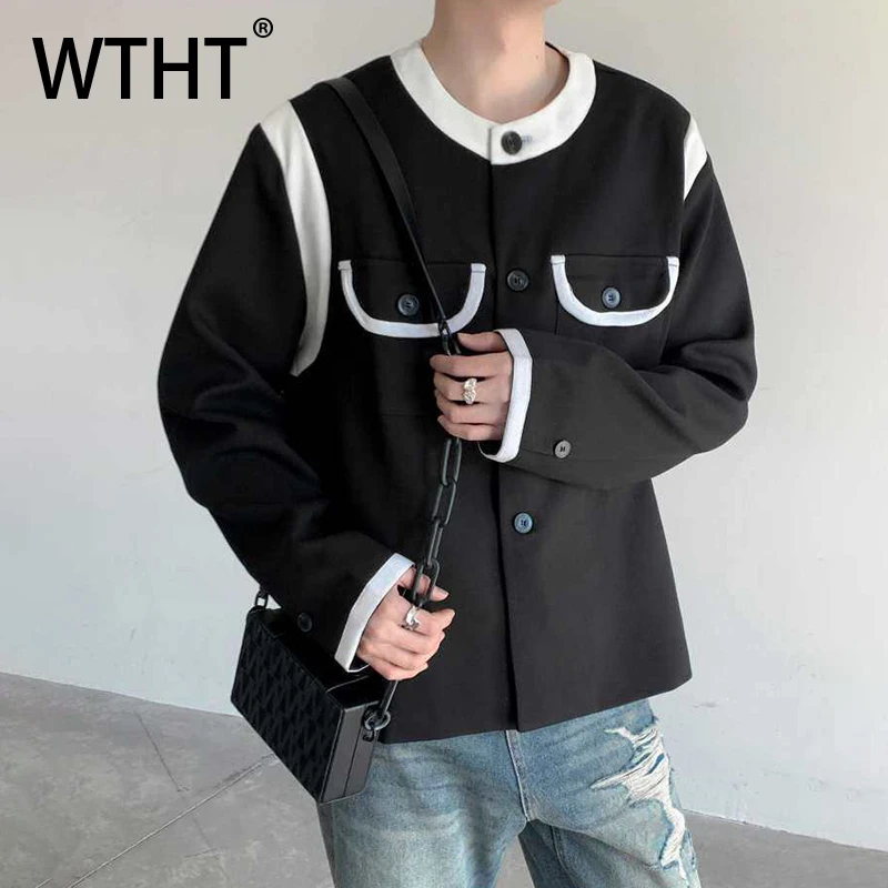 

WTHT Fashion Men Pocket Spliced Striped Contrast Color Coats Trendy O-neck Single Breasted Casual Jacket Male 2025 Summer 2A1051
