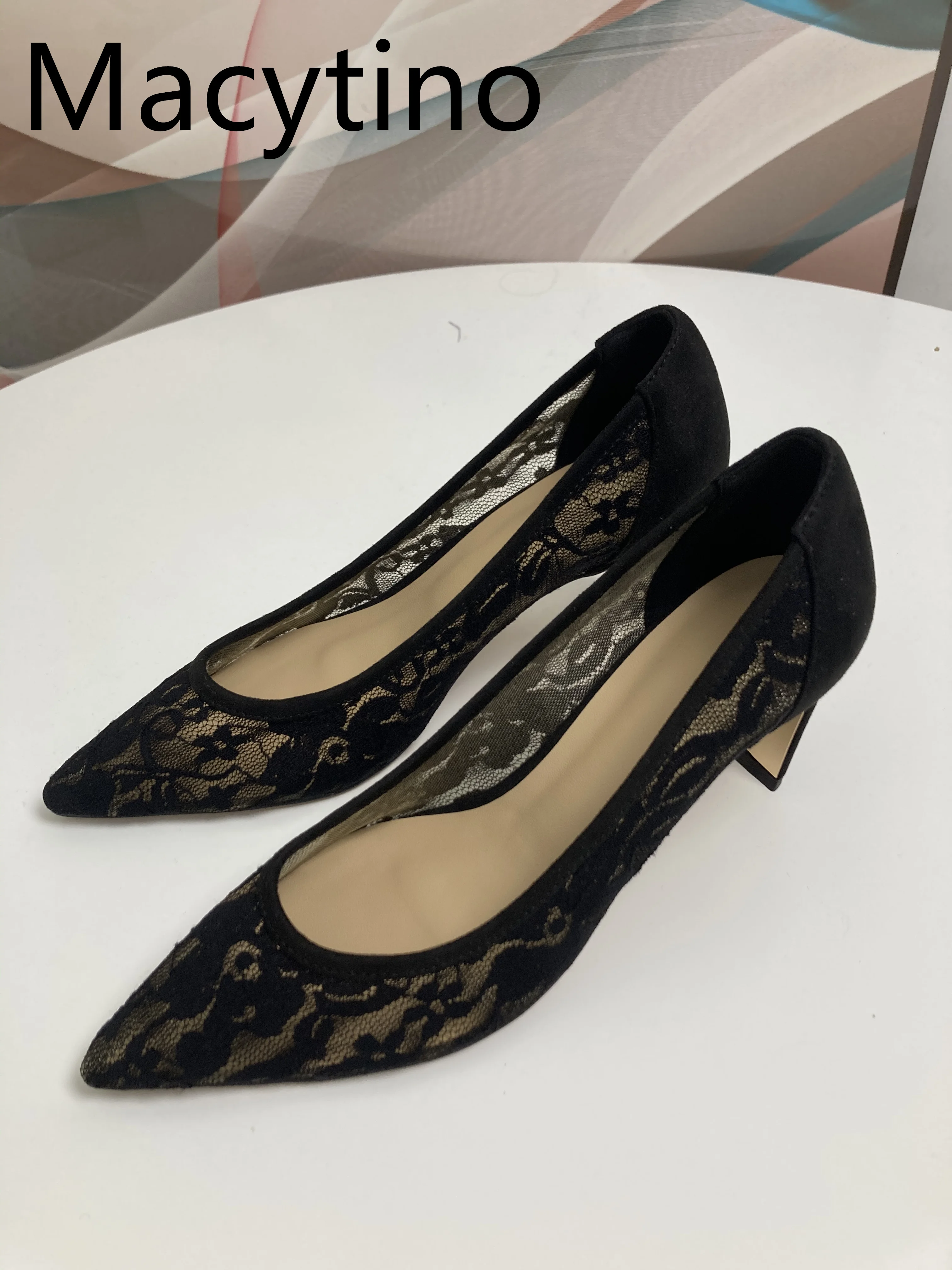 Pointed Toe Pearl High Heels OL Temperament Commuting Single Shoes Mesht Thick Heel Women's Shoes Comfortable Large Size