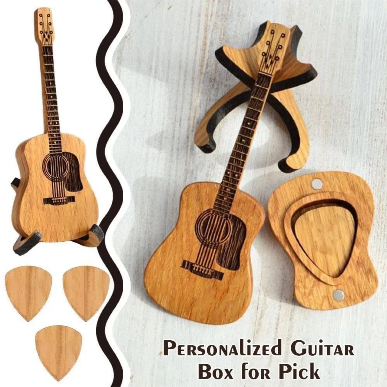 Personalisierte Gitarrenplektrum-Box aus Holz mit Standard-3-Stück-Gravur für Gitarrenliebhaber, Gitarrenplektrum-Aufbewahrungsbox – Detail 1