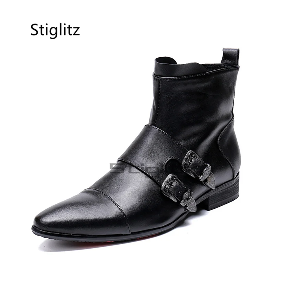 Men's Double Metal Buckle Chelsea Boots Black Genuine Leather Pointed Toe Side Zip Ankle Boots Low Block Heel Dress Male Shoes - view 5