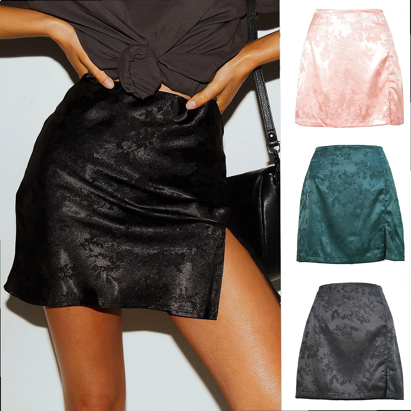Women High Waist Midi Skirts Pleated A-Line Skirt with Slit Satin Zipper Skirts Spring Summer