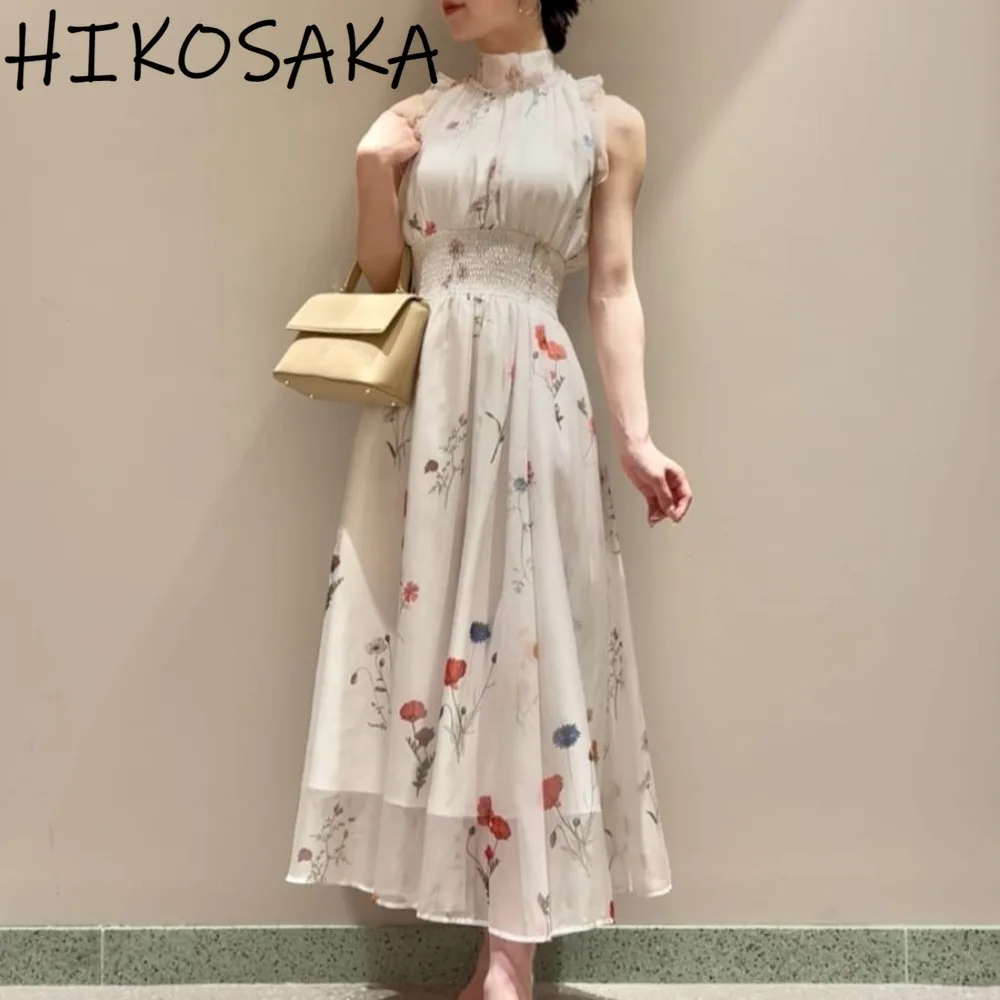 

Stand Collar Sleeveless Summer Sweet Dress Women High Waist Slim A-line Elegant Robe Japanese Fresh Chic Floral Print Vestidos