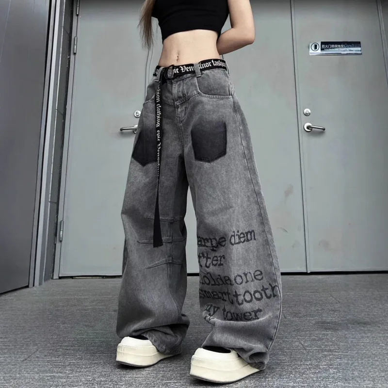 ANJY خريف جديد الأمريكية خمر العصرية خطابات طباعة المد الدنيم السراويل للجنسين فضفاض ملابس الشارع الشهير شيك واسعة الساق الجينز A15407