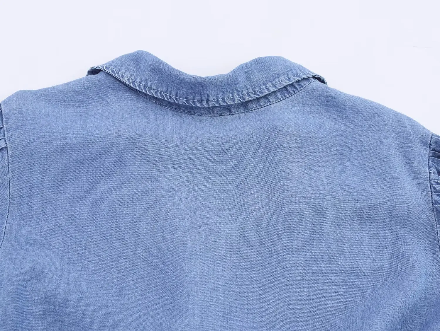 Women's Blue Denim Shirt with Bowknot Short Sleeves Loose Fit Single Breasted Blouse