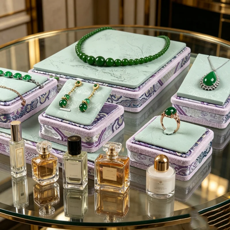 

Chinese Imperial Silk Velvet Jewelry Stand, Jade Earring Ring Bangle Tray, Boutique Counter Showcase & Organizer