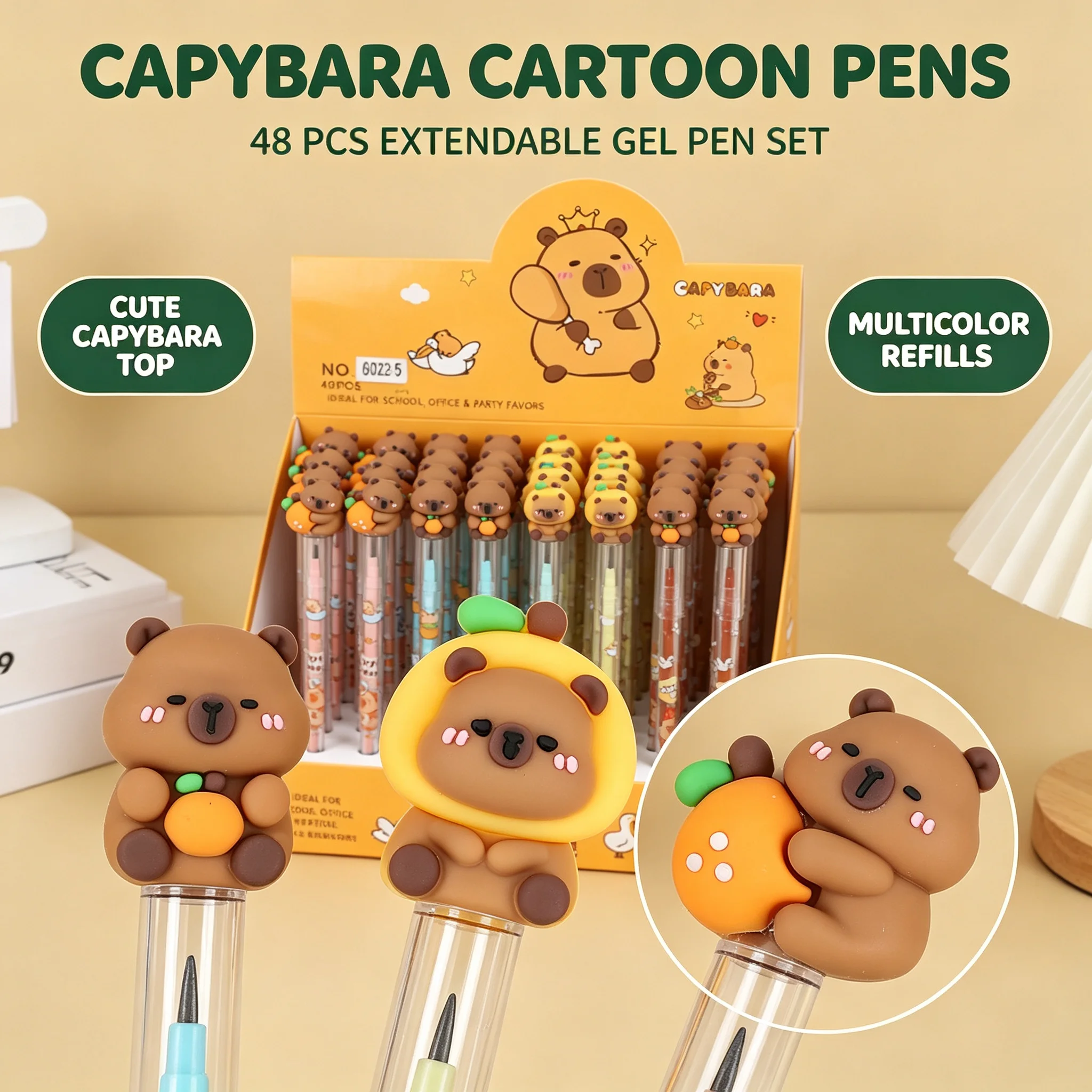 48Pcs Capybara Cartoon Extensible Pencil HB No‑Sharpen Bullet Tip Pencil Replaceable Refill Student Stationery Box Set
