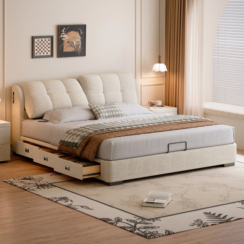 

French Cream Wind Puff Fabric Bed Master Bedroom Flush Edge Double Multifunctional