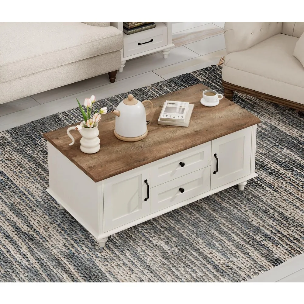 Modern Rustic Style White Coffee Table with Storage Drawers and Cabinet, Rectangular Living Room Centerpiece