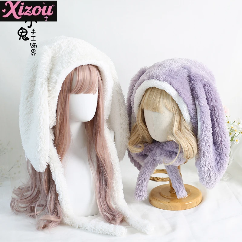 

Original Handmade Lop-eared Rabbit Thermal Hat Lolita Sweet and Cute Long Rabbit Ears Plush Lei Feng Hat Cashmere Hats Women