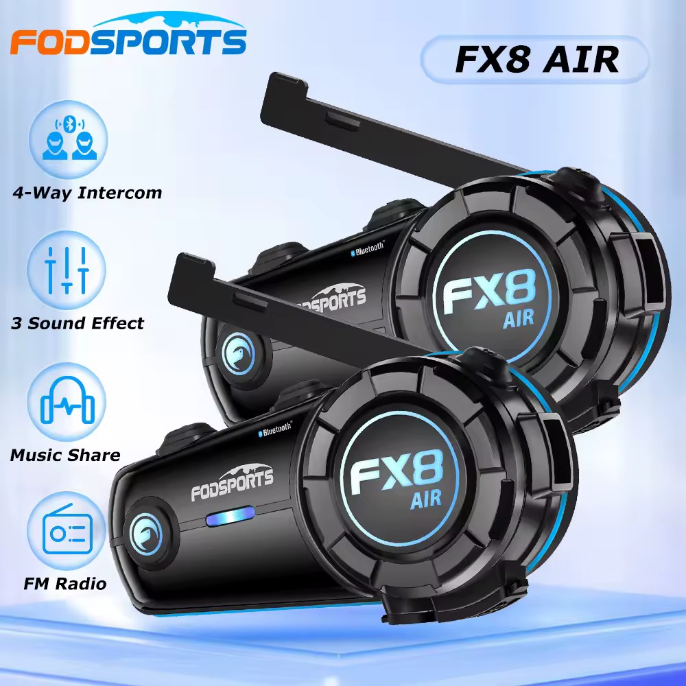 Fodsports FX8 Air Interfono Casco moto Auricolare 4 ciclisti Auricolari Bluetooth 1000m Citofoni moto, condivisione musica, FM, Impermeabile