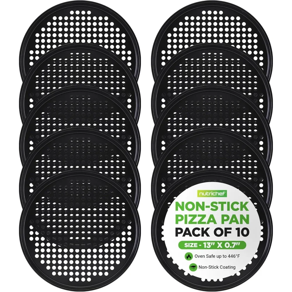 

Set of 10 NutriChef Nonstick 13-Inch Perforated Round Pizza Trays for Oven Baking, Commercial-Grade Carbon Steel Pan