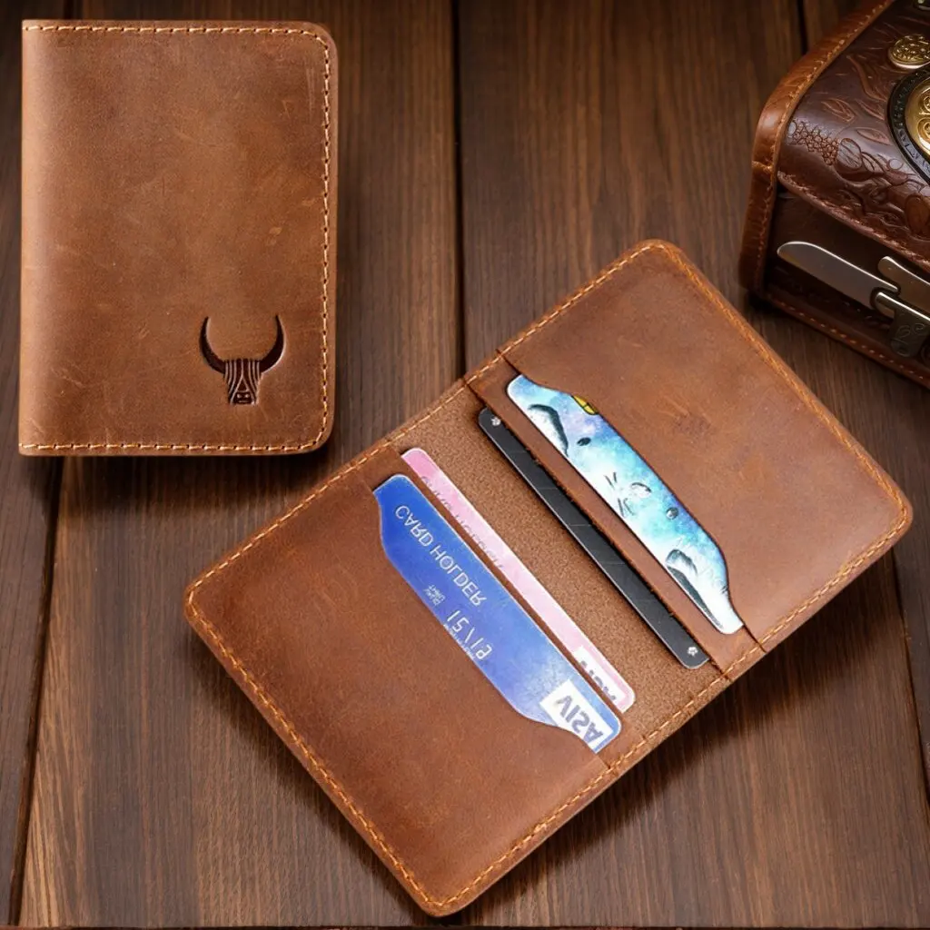 Durable Retro Top-Grain Crazy Horse Leather Credit Card Holder Mens Wallet Handmade Simple Portable Slim ID Card Cases Sheath