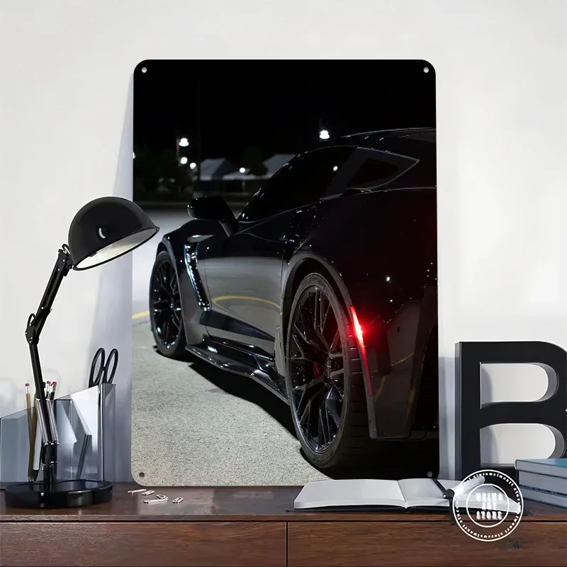 Sleek Black C7 Z06 Corvette At Night Printed Poster Customized Wall Art Retro Vintage Metal Tin Signs for Garage House Decor