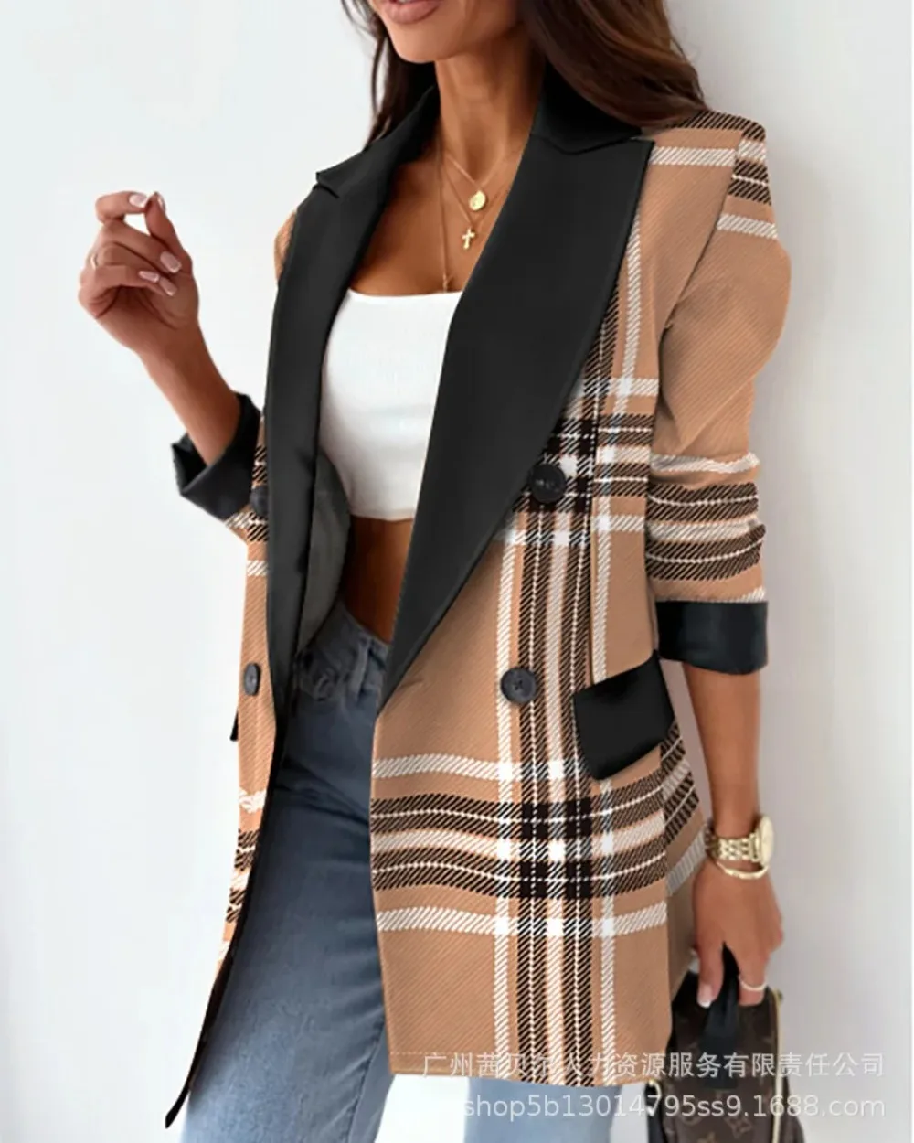 2024 Women Geo Print Notched Collar Double Breasted Fake Pocket Working Blazer Jackets