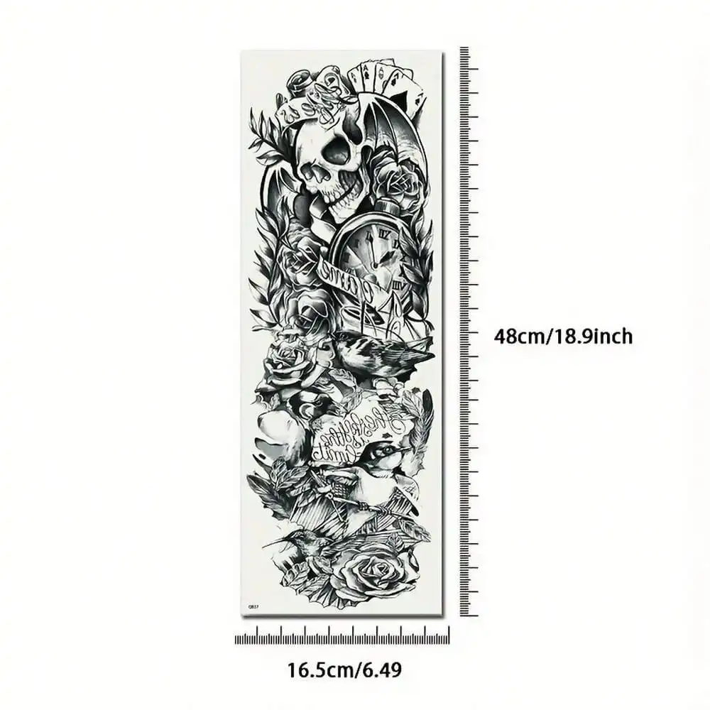 

1 Sheet Temporary Tattoo, Old School Black And White Big Arm Skull Beautiful Evil Devil Japanese Ukiyo-E Dark Series Full Arm Tattoo Stickers Waterproof Long Lasting Realistic Lasting 2-7 Days Healthy Tattoo Stickers For Men And Women