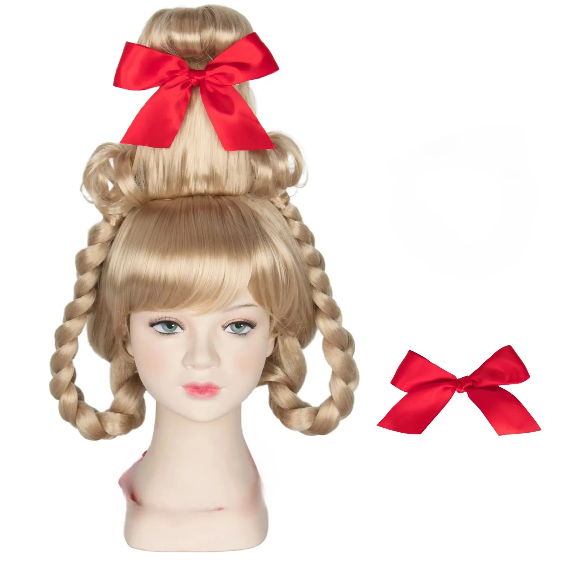 Cindy Lou Cosplay Costume White Fluff Red Hood Cloak Plaid Dress Christmas Lovly Lolita Outfit Halloween Women Girls