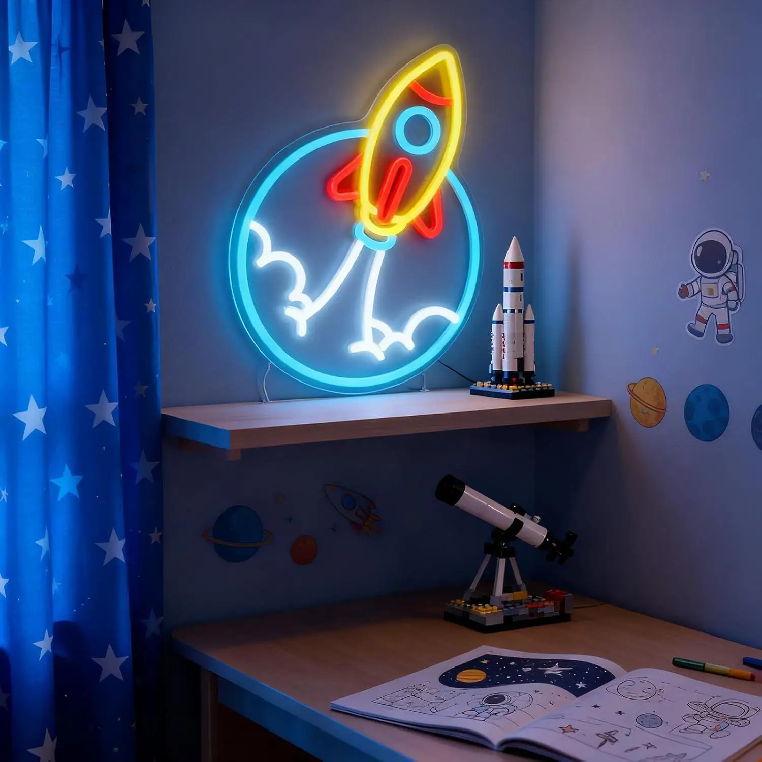 Rocket Neon Sign for Wall Decor LED Space Neon Light for Boys Room Game Room Bedroom Astronaut Rocket Ship Wall Lamp