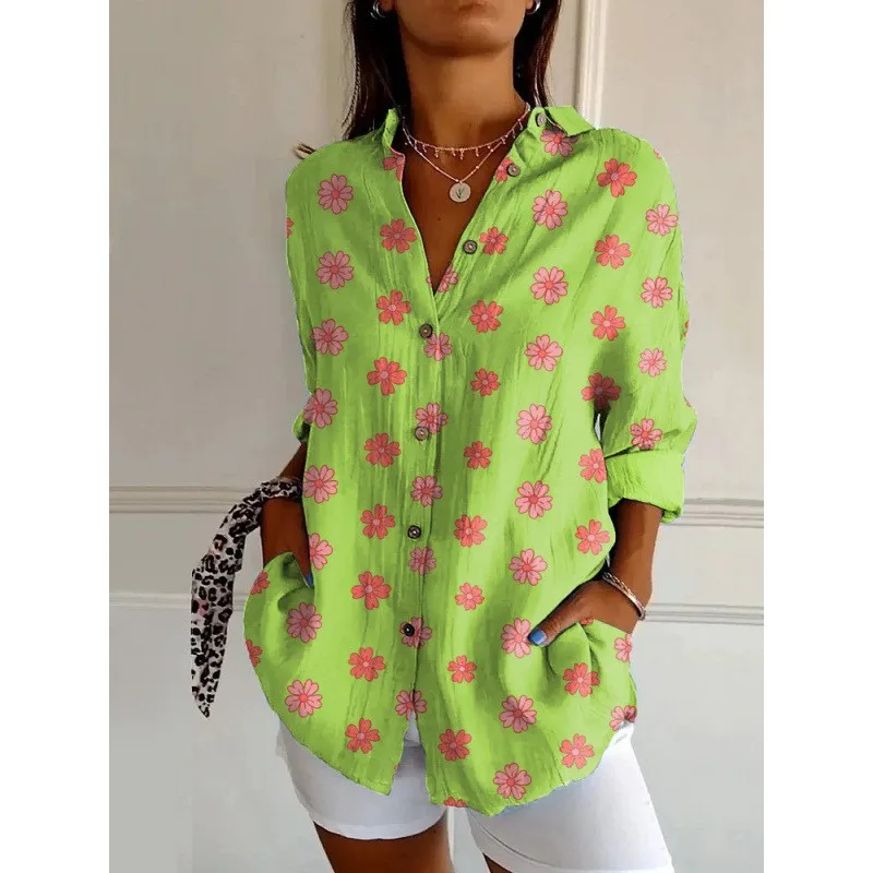Pink Off Shoulder Blouse Floral Print Loose Fit Blouses Green Button Front Shirt Beige V Neck Long Sleeve Casual Oversized Top