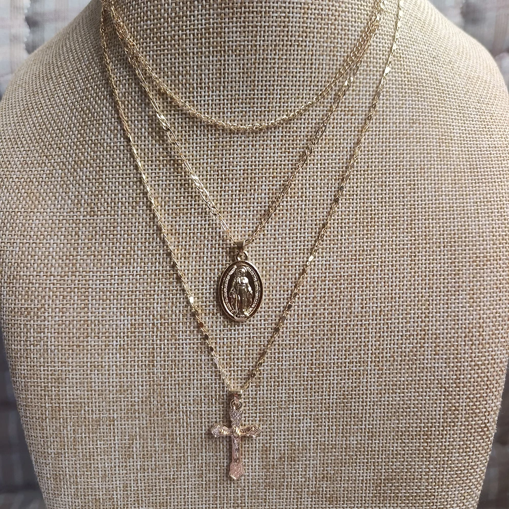 Three layer Necklace Oval-shaped Virgin Mary Madonna Pendant Jesus Cross  metal plated Chain Women Gift