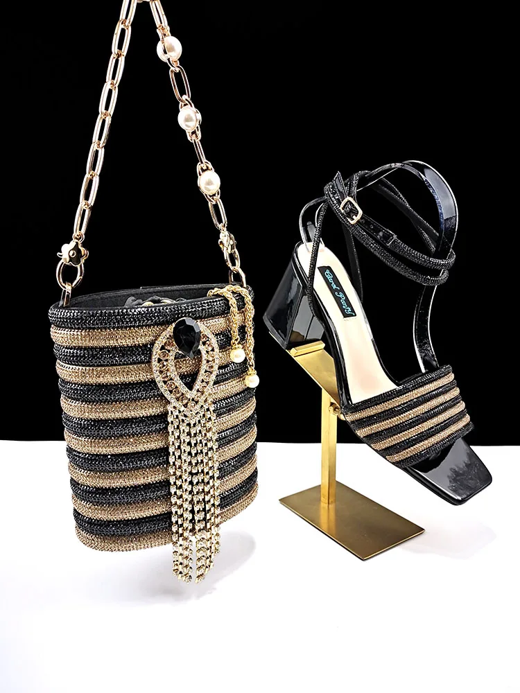 Hot Selling Ladies Sandals and Bag Crown Diamond Design And Long And Short Double Chains Bag for Party Wedding