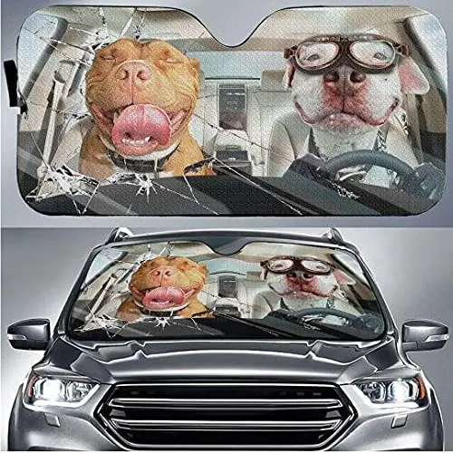 Pitbull Driving Cracked Surface Auto Sunshade for Car Windshield, Pitbull Mom Gifts, Dog Lovers Gifts, UV Protector Front Window