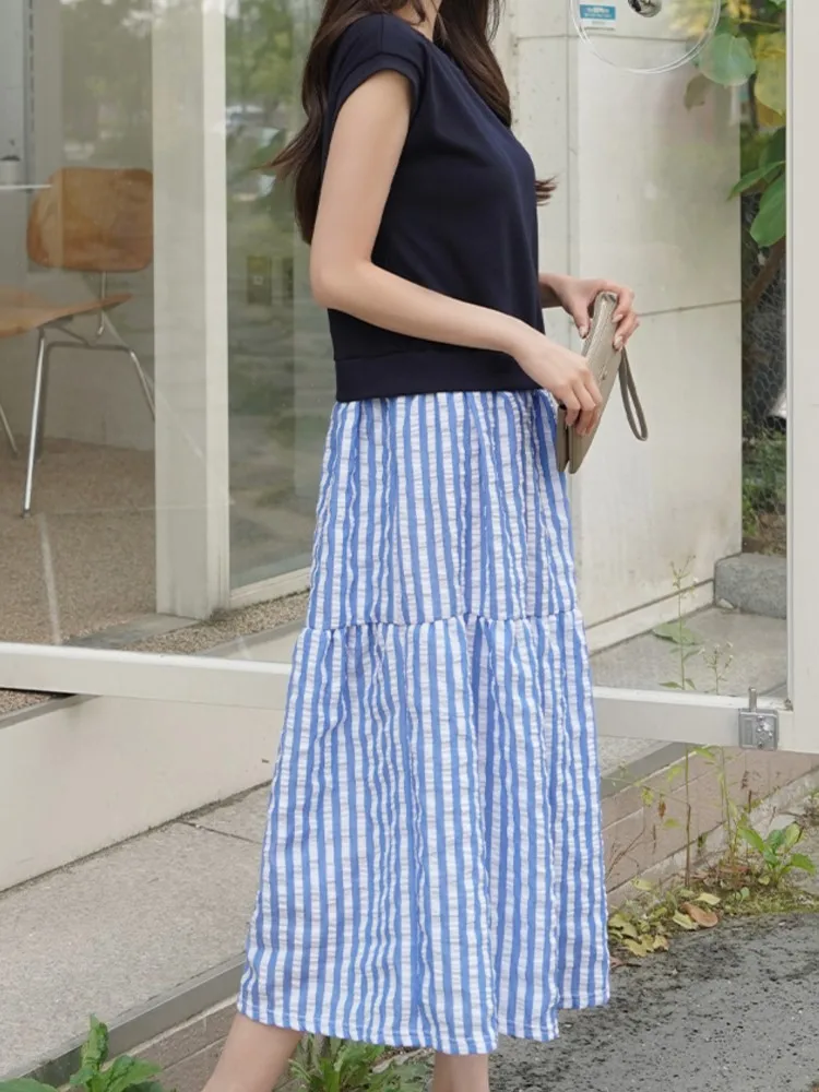 夏偽ツーピースセット Tシャツドレス女性パッチワークストライプ女性ドレス韓国ノースリーブレディーストップス Vestidos