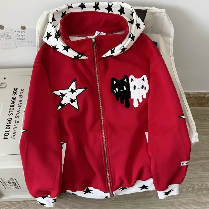 

Американский ретро-кардиган Y2K Star на молнии с капюшоном, женский, свободного кроя, осенне-зимний, модный, культурный, повседневный свитшот