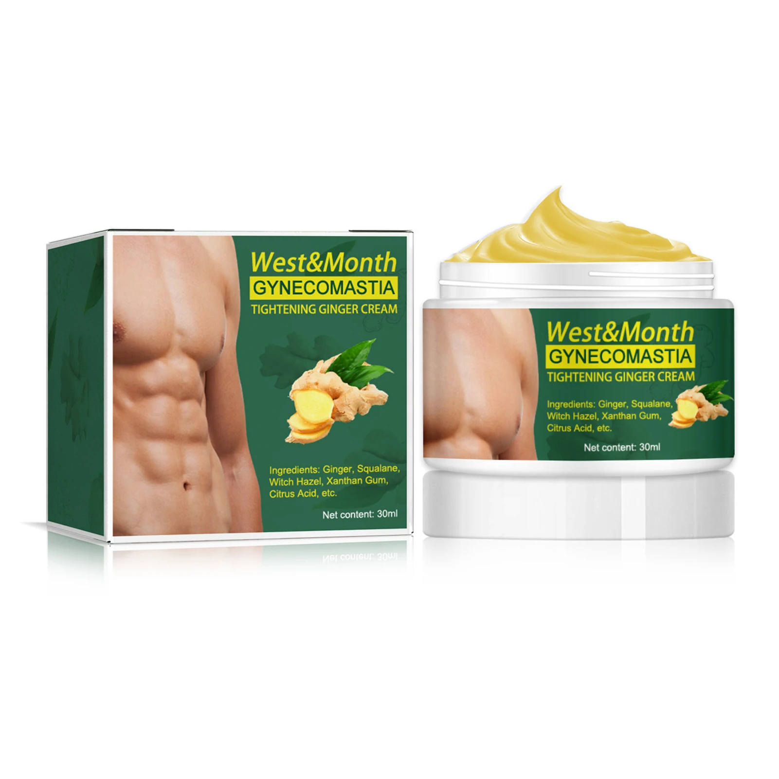 West&Month 30ml Gynecomastia Tightening Ginger Cream Chest Firming Massage Cream for Men Remove Excess Fat Results Body Shaping