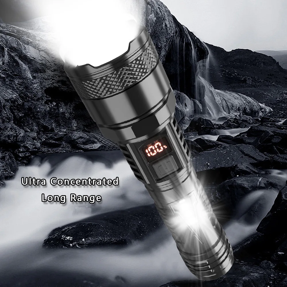 Hoge Sterke Power Led Zaklampen 2000lm Tactische Zaklamp Met Display Licht Usb Opladen Camping Vissen Noodzoom Lantaarn