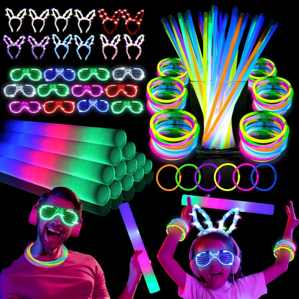 286PCS Party Supplies: 12PCS Foam Glow Sticks, 12PCS LED Glasses, 12PCS Rabbit Ear Bands and 250PCS Light Sticks, Party Supplies